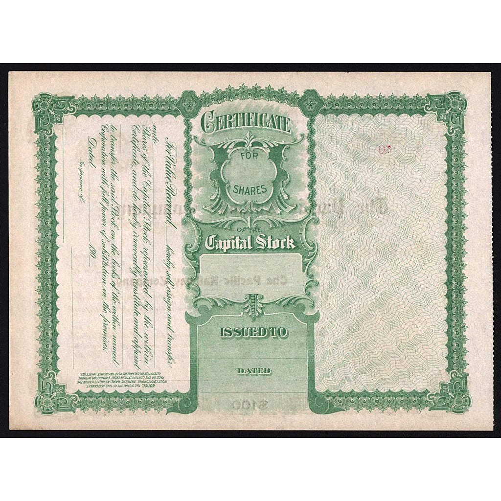 The Pacific Railway Company Washington Stock Certificate
