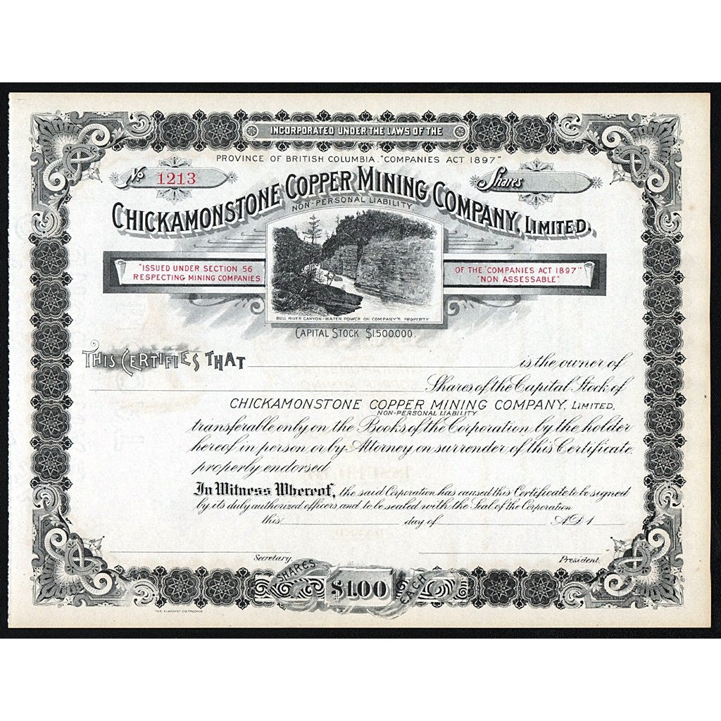 Chickamonstone Copper Mining Company, Limited British Columbia Canada Stock Certificate