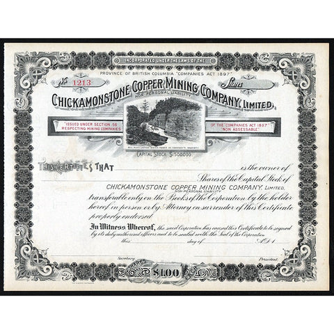 Chickamonstone Copper Mining Company, Limited British Columbia Canada Stock Certificate