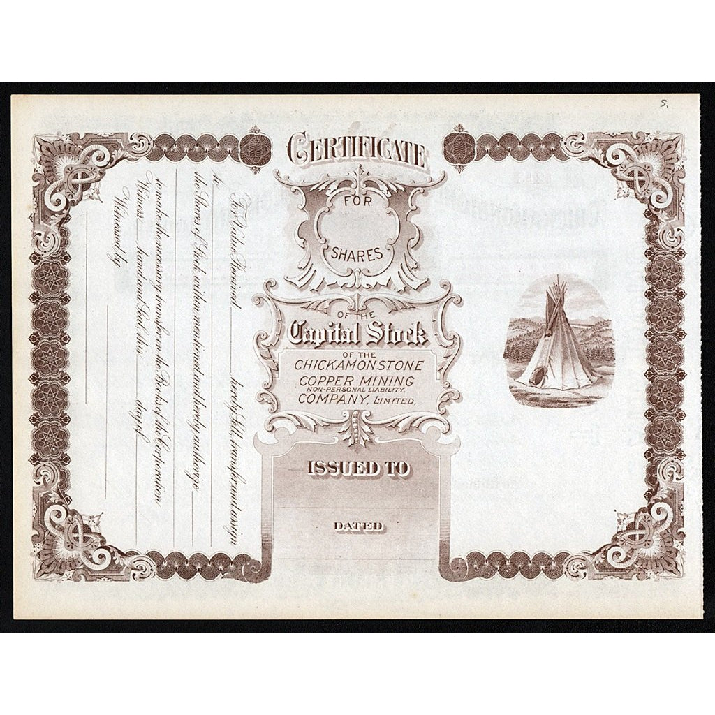 Chickamonstone Copper Mining Company, Limited British Columbia Canada Stock Certificate