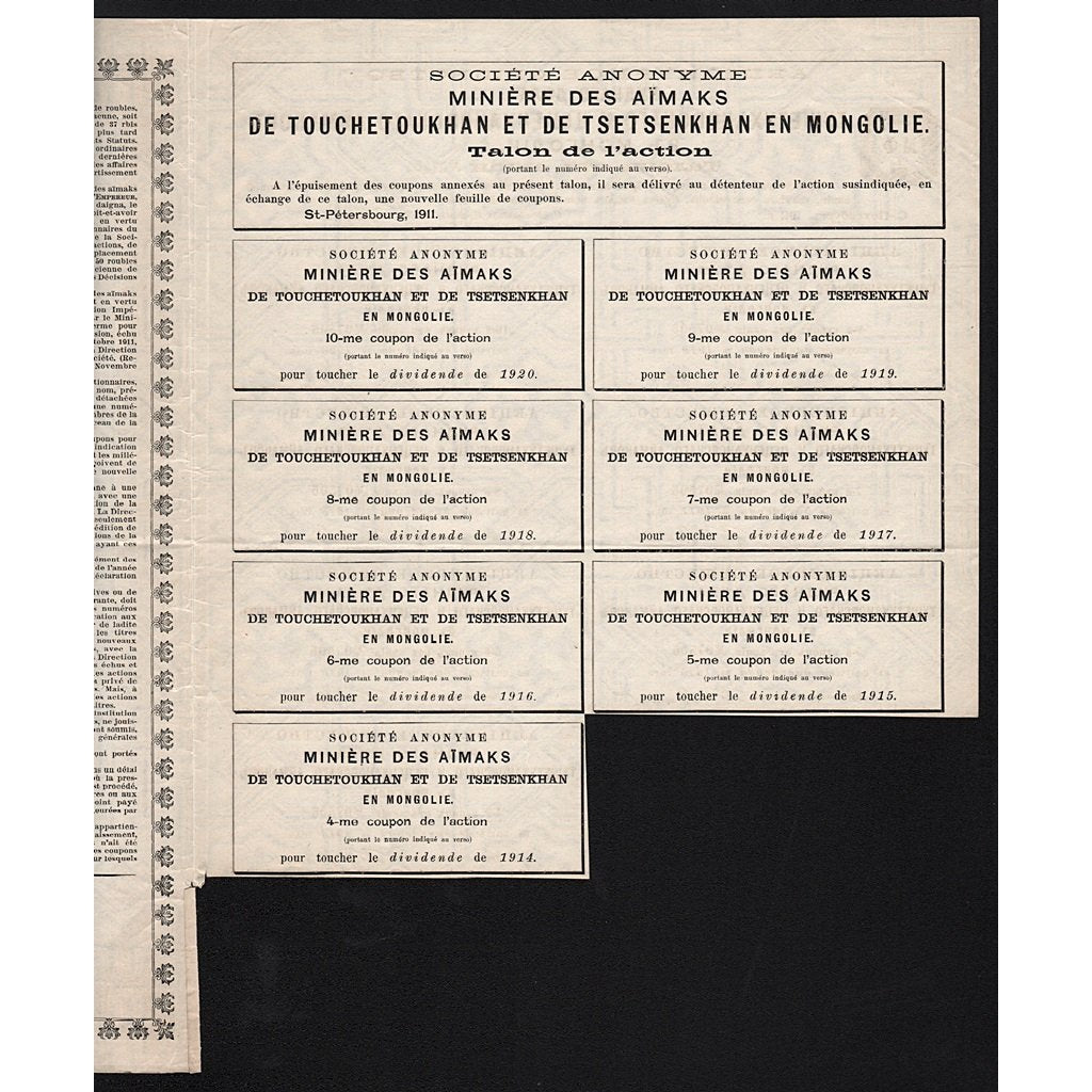 Societe Anonyme Miniere des Aimaks de Touchetoukhan et de Tsetsenkhan en Mongolie