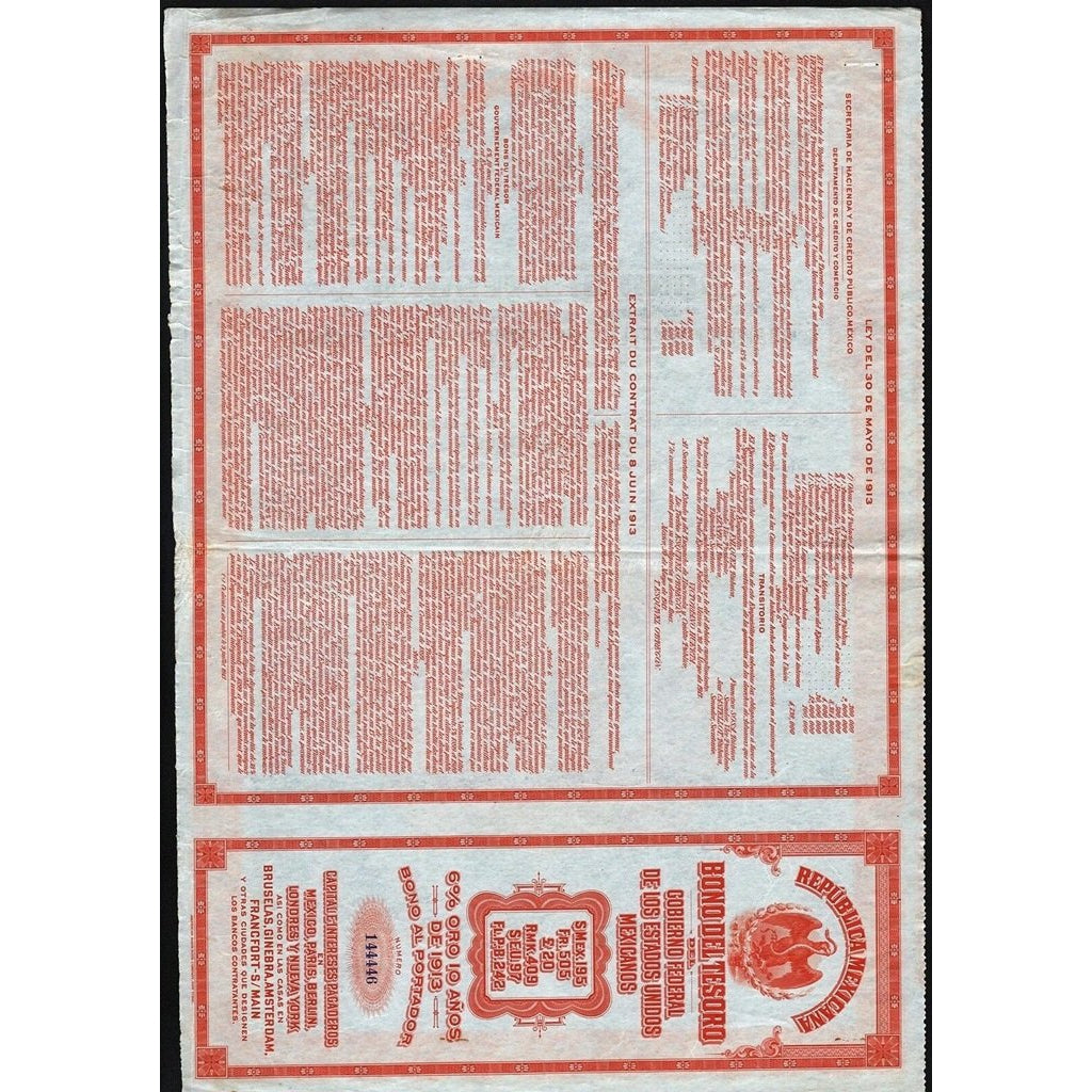 Republica Mexicana: Bono del Tesoro del Gobierno Federal De Los Estados Unidos Mexicanos 1913 Mexico Bond Certificate