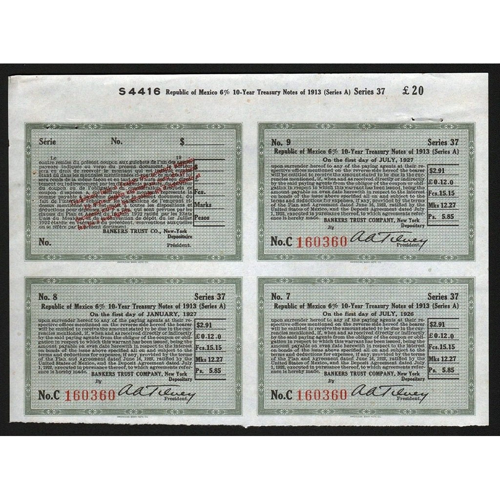 Republica Mexicana: Bono del Tesoro del Gobierno Federal De Los Estados Unidos Mexicanos 1913 Mexico Bond Certificate