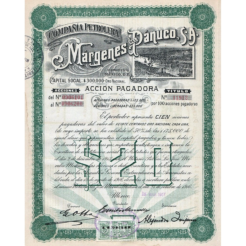 Compania Petrolera Margenes del Panuco S.A. 1917 Mexico Stock Certificate