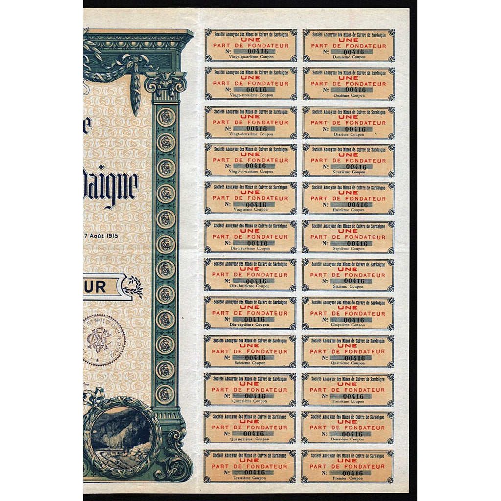 Mines de Cuivre de Sardaigne 1919 Sardinia Italy Mining Stock Certificate