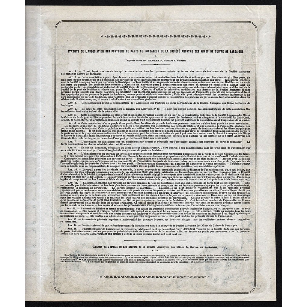 Mines de Cuivre de Sardaigne 1919 Sardinia Italy Mining Stock Certificate