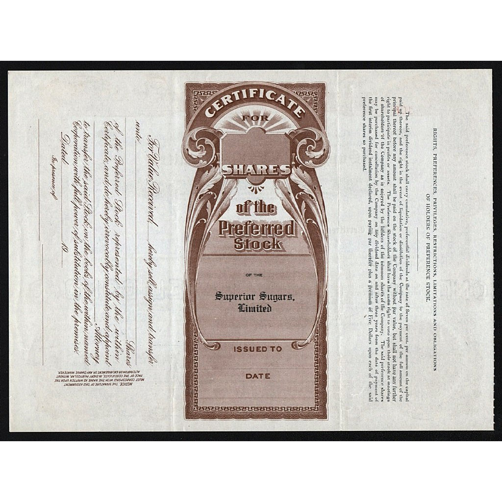 Superior Sugars, Inc. 1920s Canada Stock Certificate