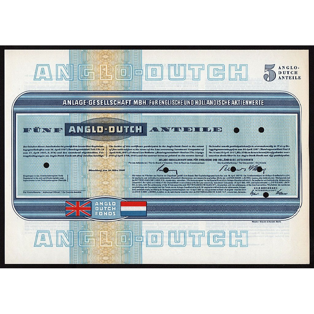 Anglo-Dutch Anlage Gesellschaft MBH für Englische und Holländische Aktienwerte Muster Specimen Stock Bond Certificate