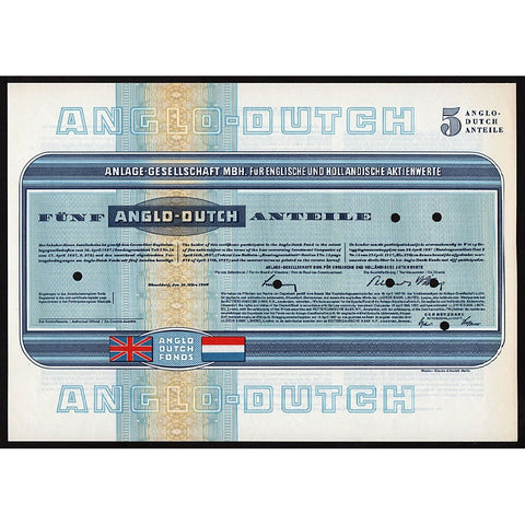 Anglo-Dutch Anlage Gesellschaft MBH für Englische und Holländische Aktienwerte Muster Specimen Stock Bond Certificate