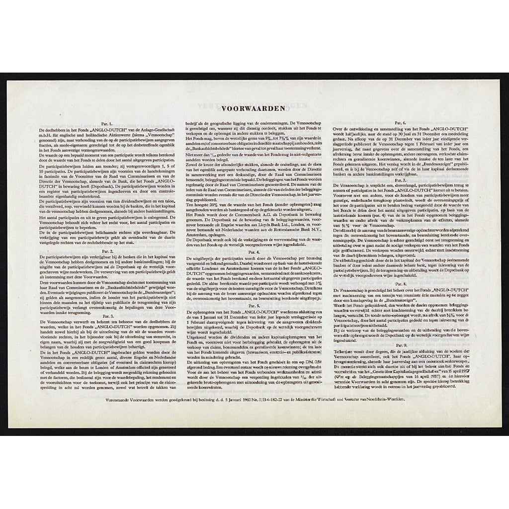 Anglo-Dutch Anlage Gesellschaft MBH für Englische und Holländische Aktienwerte Muster Specimen Stock Bond Certificate