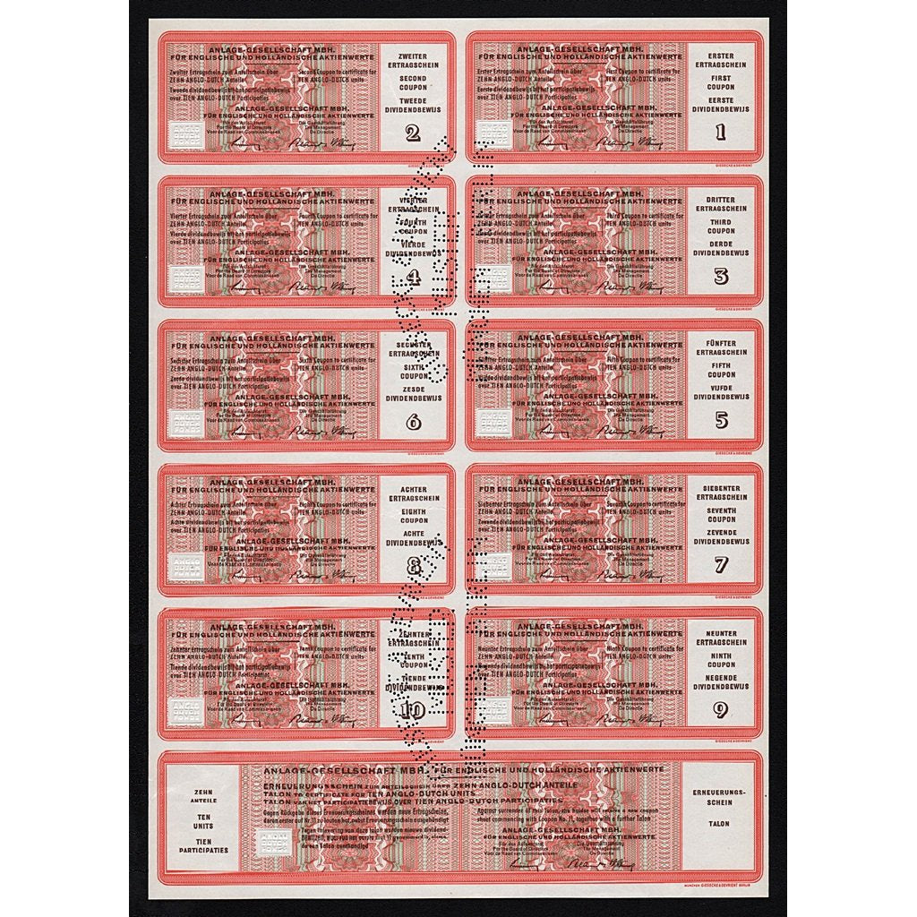 Anglo-Dutch Anlage Gesellschaft MBH für Englische und Holländische Aktienwerte Muster Specimen Stock Bond Certificate