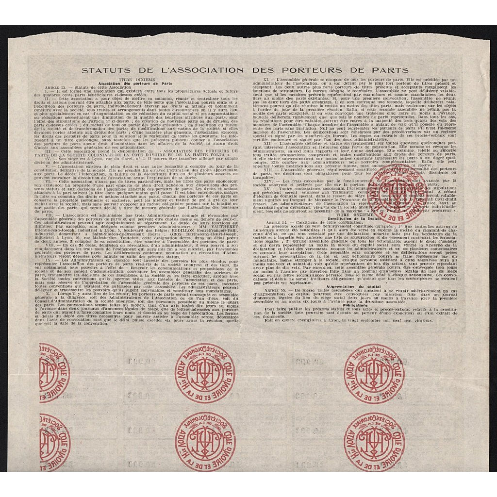 Societe Coloniale de la Cote d’Ivoire et de la Haute Volta 1927 Ivory Coast Stock Certificate