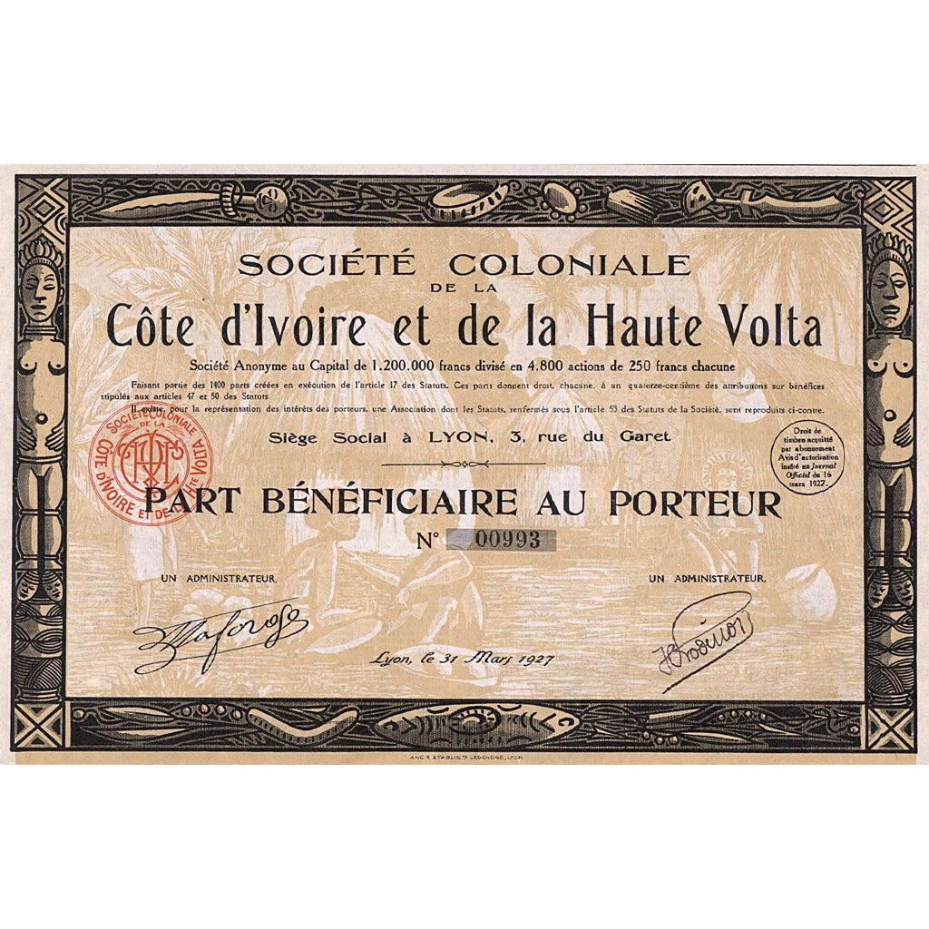 Societe Coloniale de la Cote d’Ivoire et de la Haute Volta 1927 Ivory Coast Stock Certificate