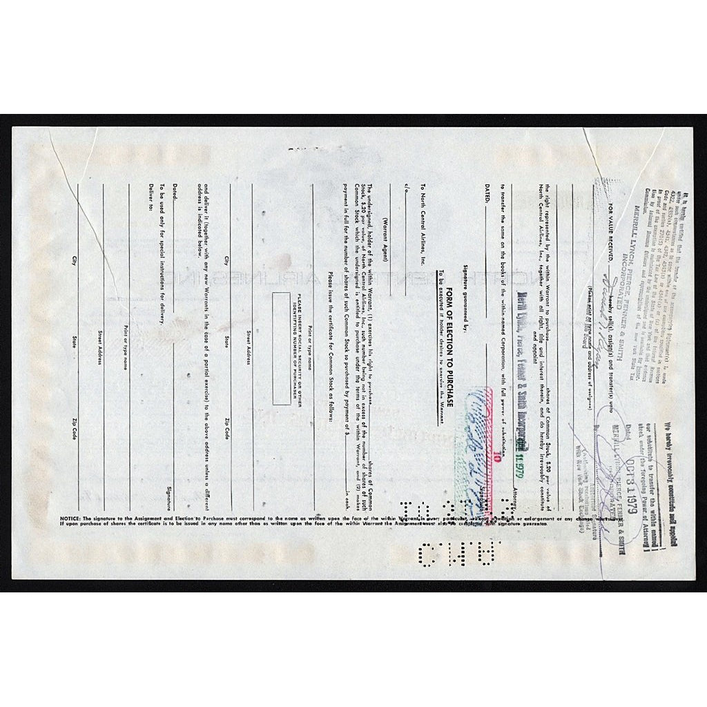 North Central Airlines, Inc. (Republic Airlines, Inc.) Warrant Stock Certificate