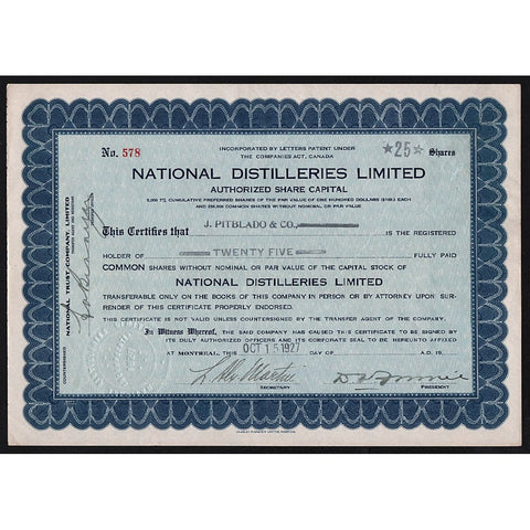 National Distilleries Limited Canada Stock Certificate