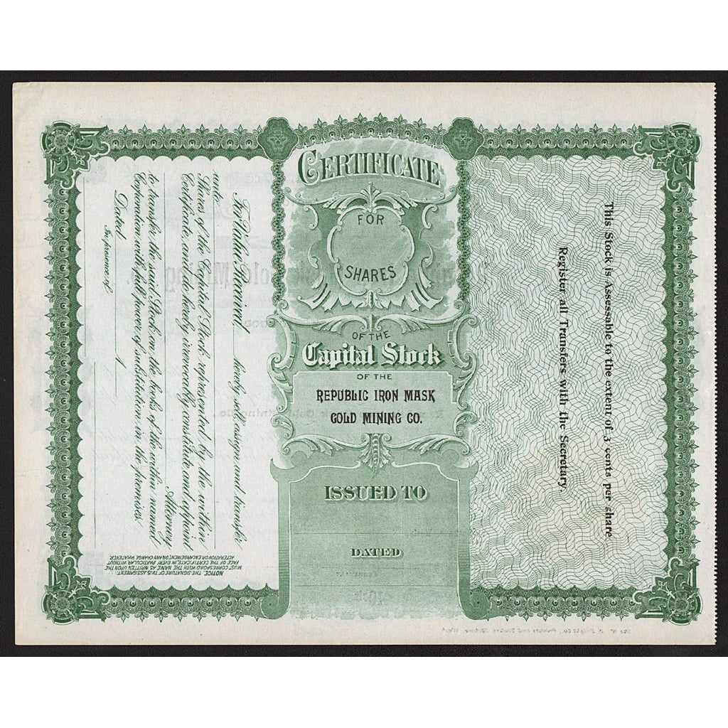 Republic Iron Mask Gold Mining Company Washington Stock Certificate