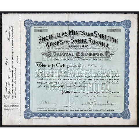 Encinillas Mines and Smelting Works of Santa Rosalia 1910 Baja California Mexico Stock Certificate