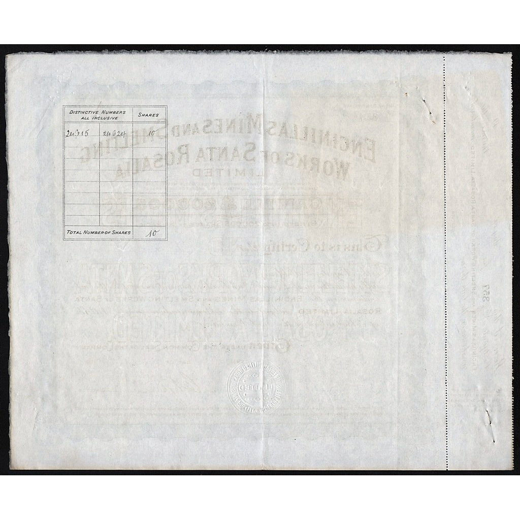 Encinillas Mines and Smelting Works of Santa Rosalia 1910 Baja California Mexico Stock Certificate