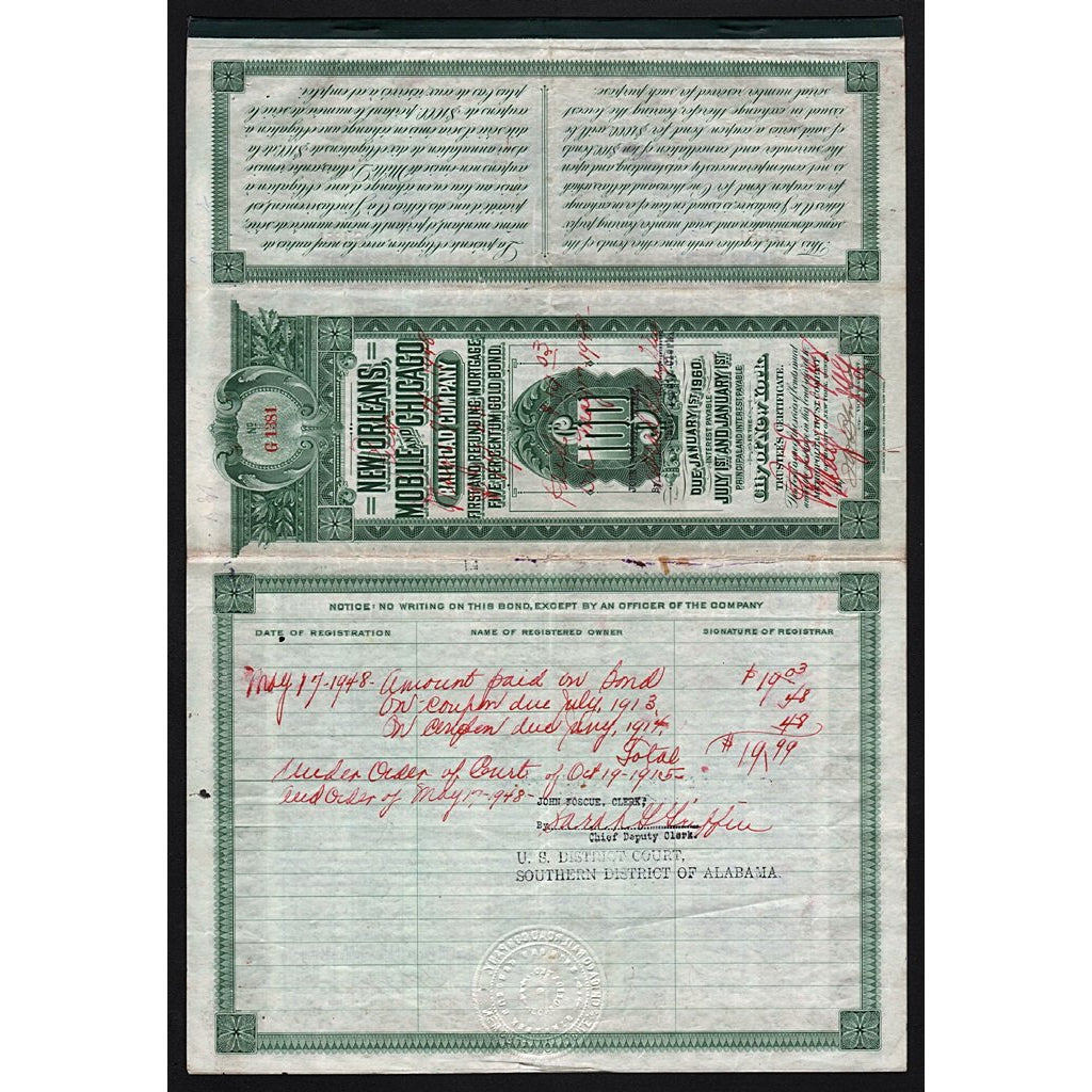 New Orleans, Mobile and Chicago Railroad Company 1909 Bond Certificate