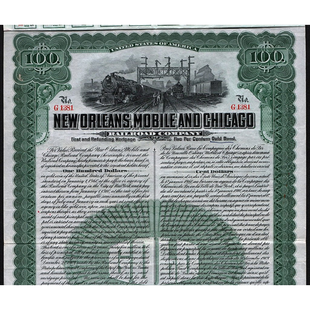 New Orleans, Mobile and Chicago Railroad Company 1909 Bond Certificate