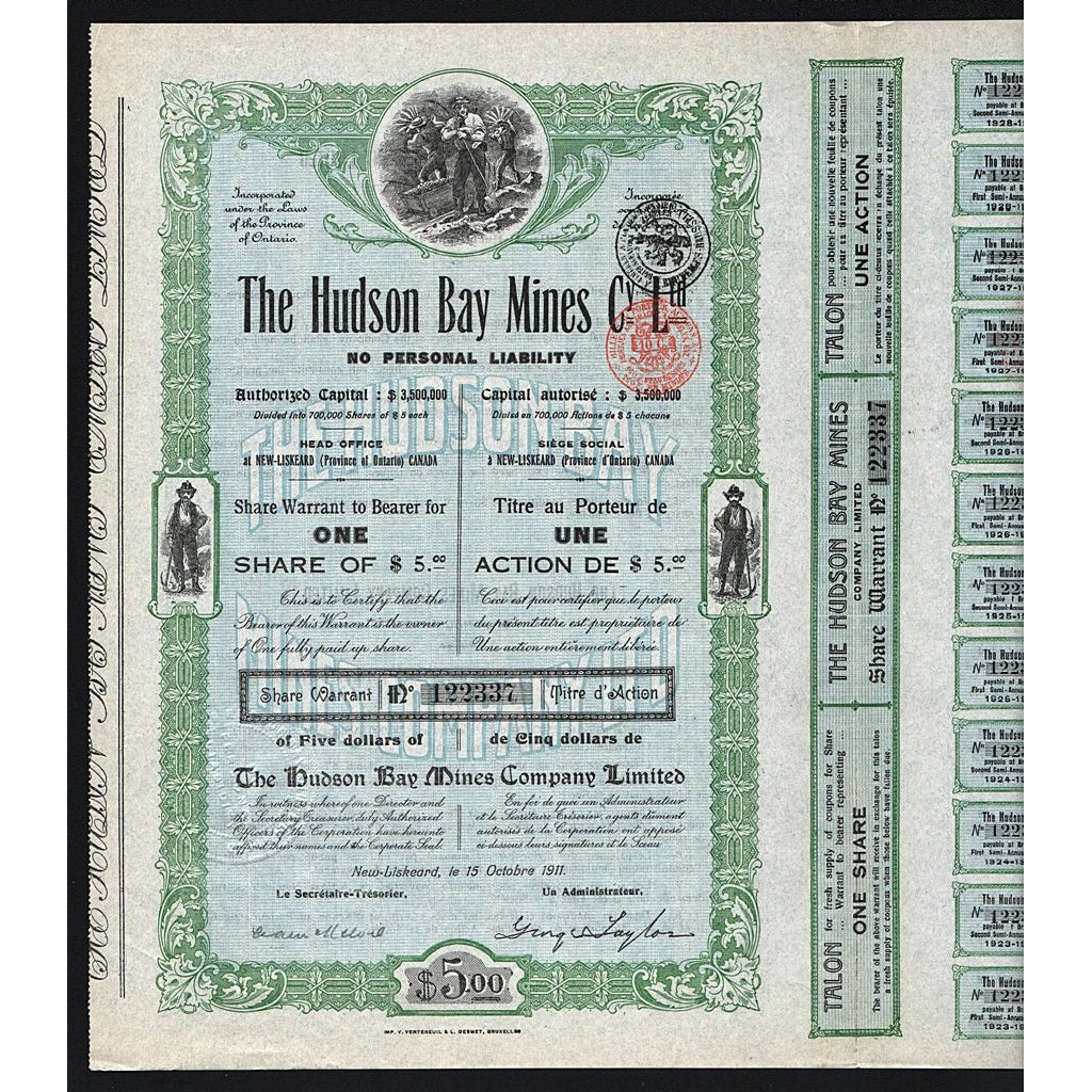 The Hudson Bay Mines 1911 New Liskeard Canada Stock Certificate