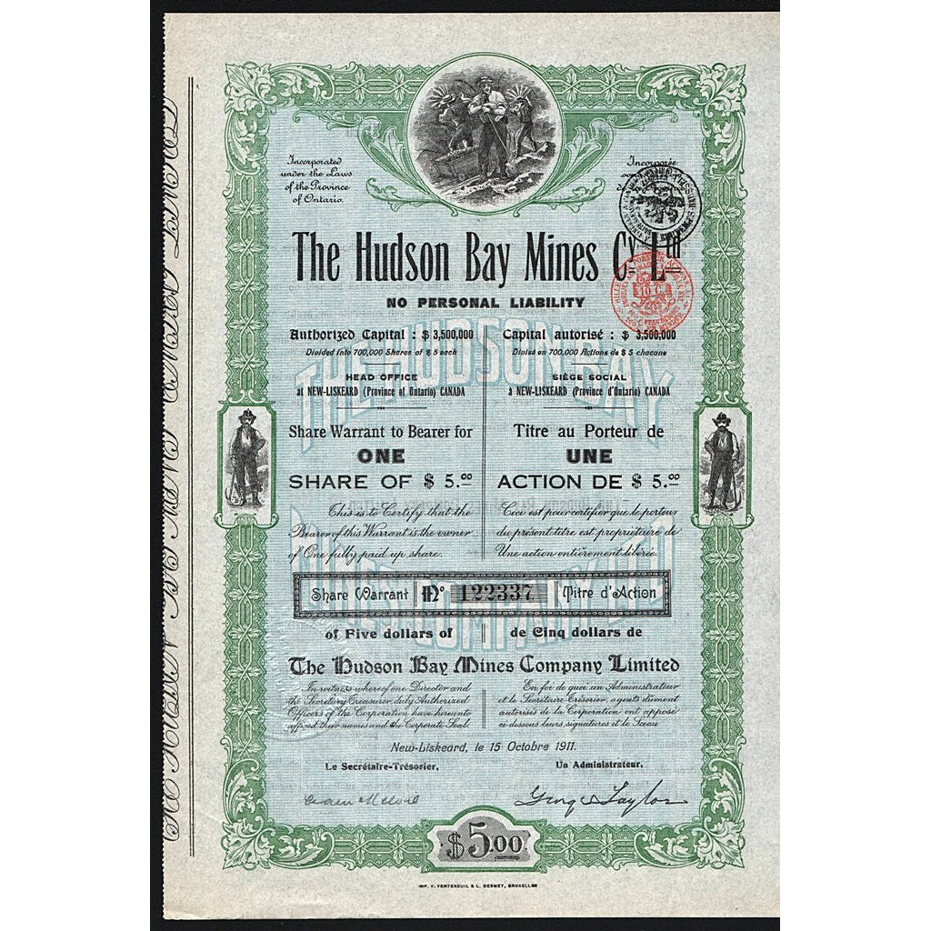 The Hudson Bay Mines 1911 New Liskeard Canada Stock Certificate
