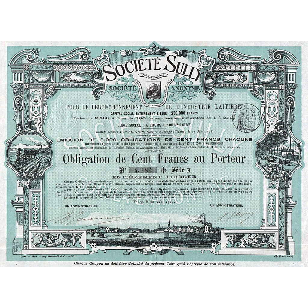 Societe Sully Societe Anonyme France 1911 Stock Certificate