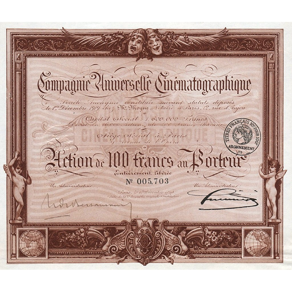 Compagnie Universelle Cinematographiqe 1910 France Stock Certificate