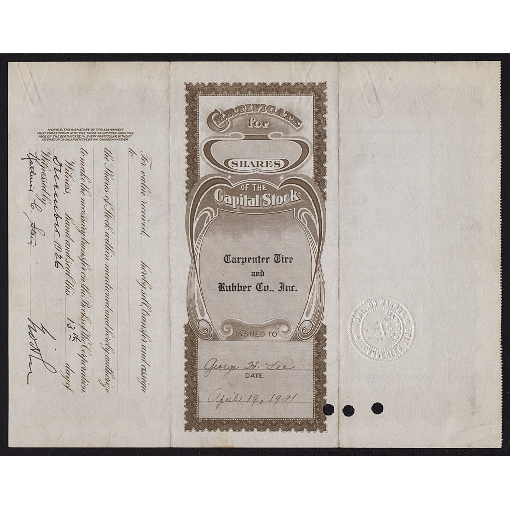 Carpenter Tire and Rubber Co., Inc. New York Stock Certificate