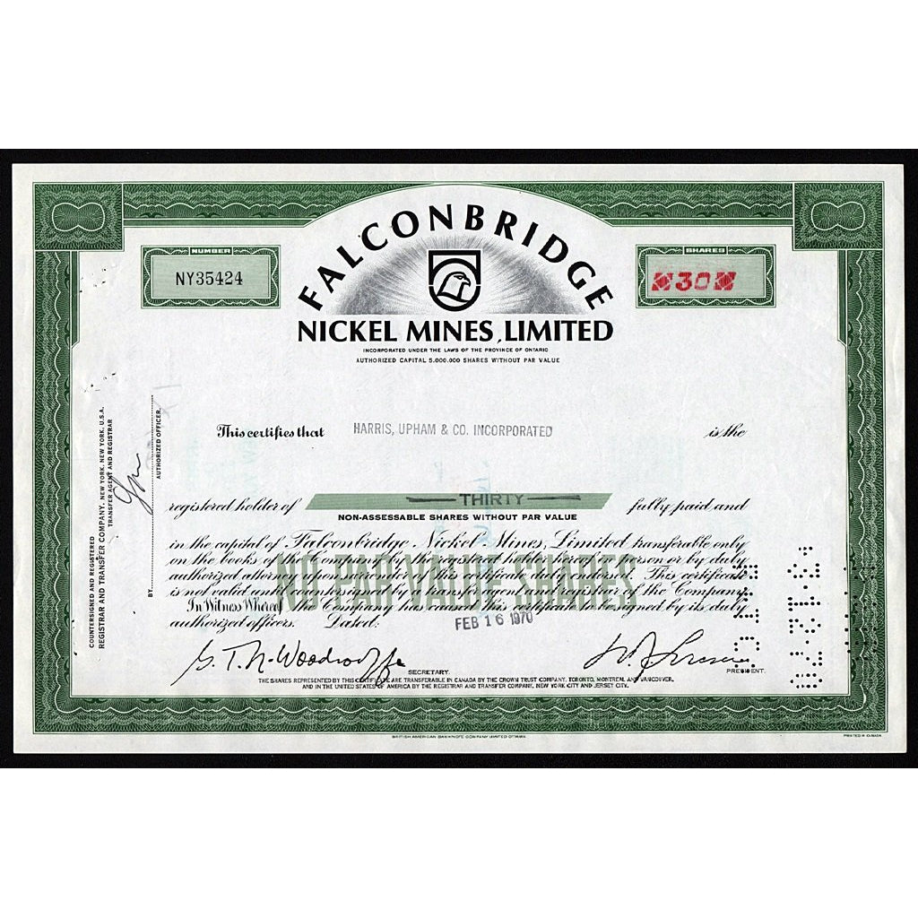 Falconbridge Nickel Mines, Limited Ontario Canada Stock Certificate