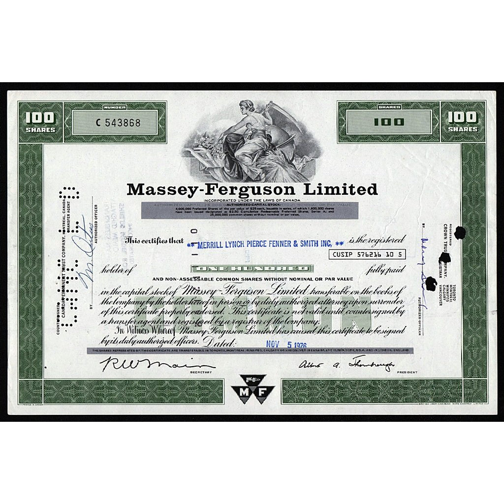Massey-Ferguson Limited Canada Farm Equipment Stock Certificate