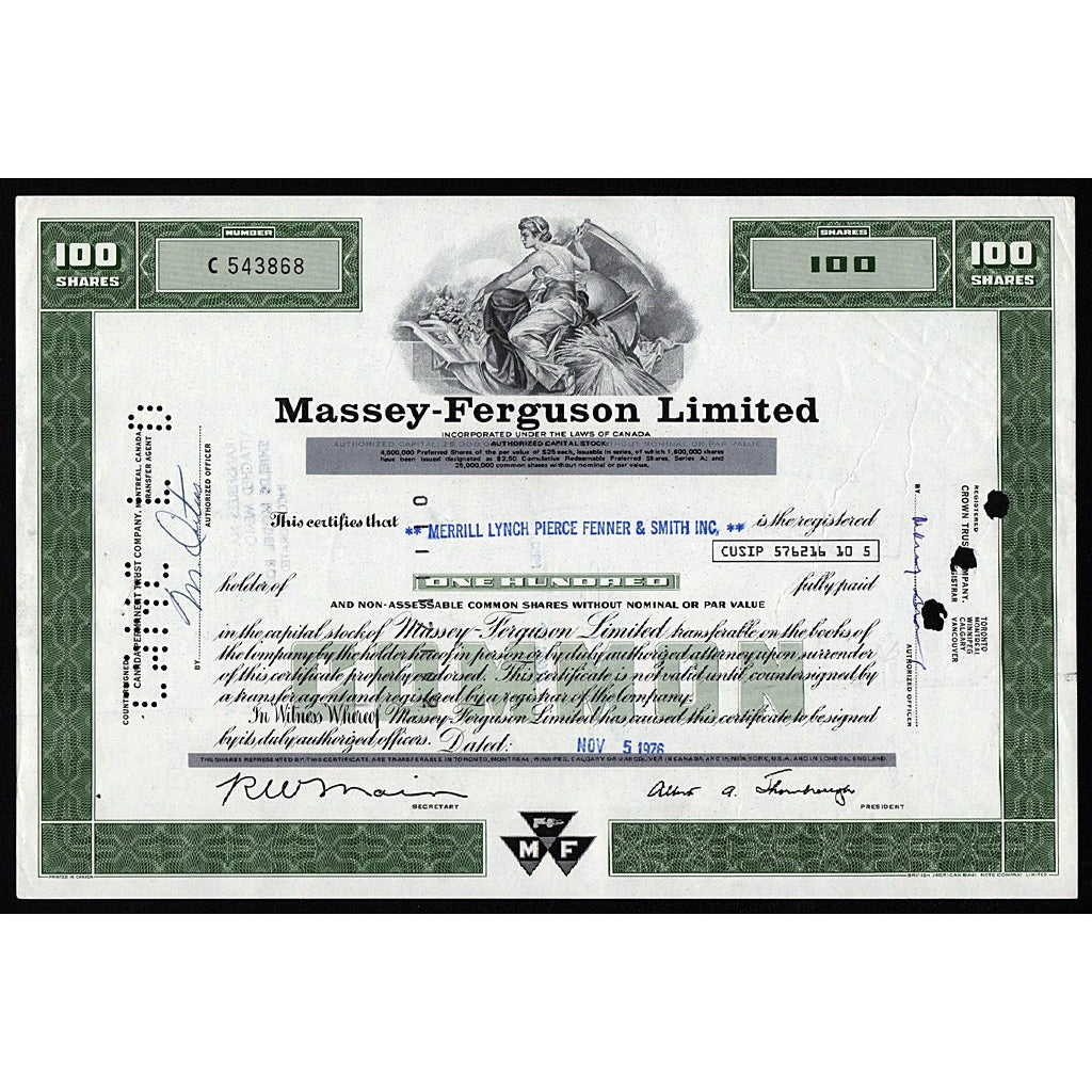 Massey-Ferguson Limited Canada Farm Equipment Stock Certificate