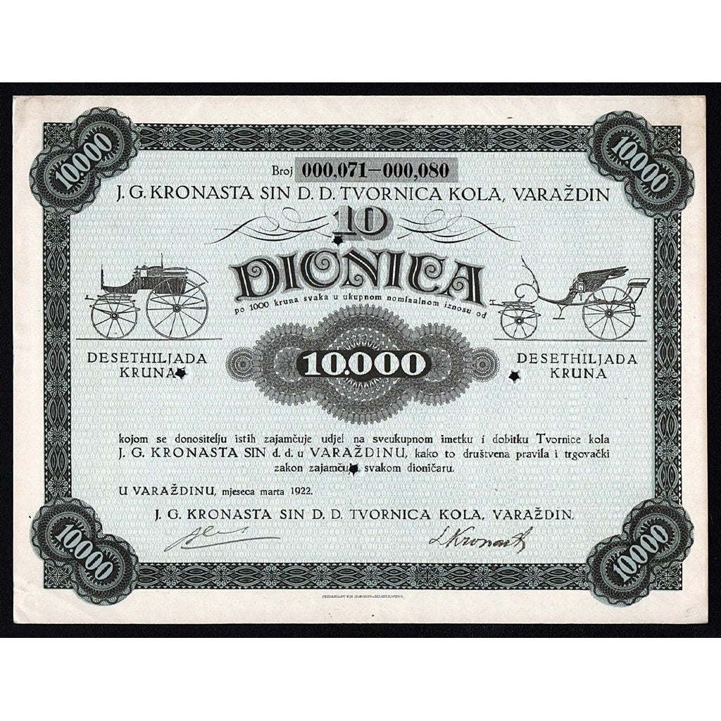 J. G. Kronasta sin D.D. Tvornica Kola, Varazdin 1922 Croatia Stock Certificate