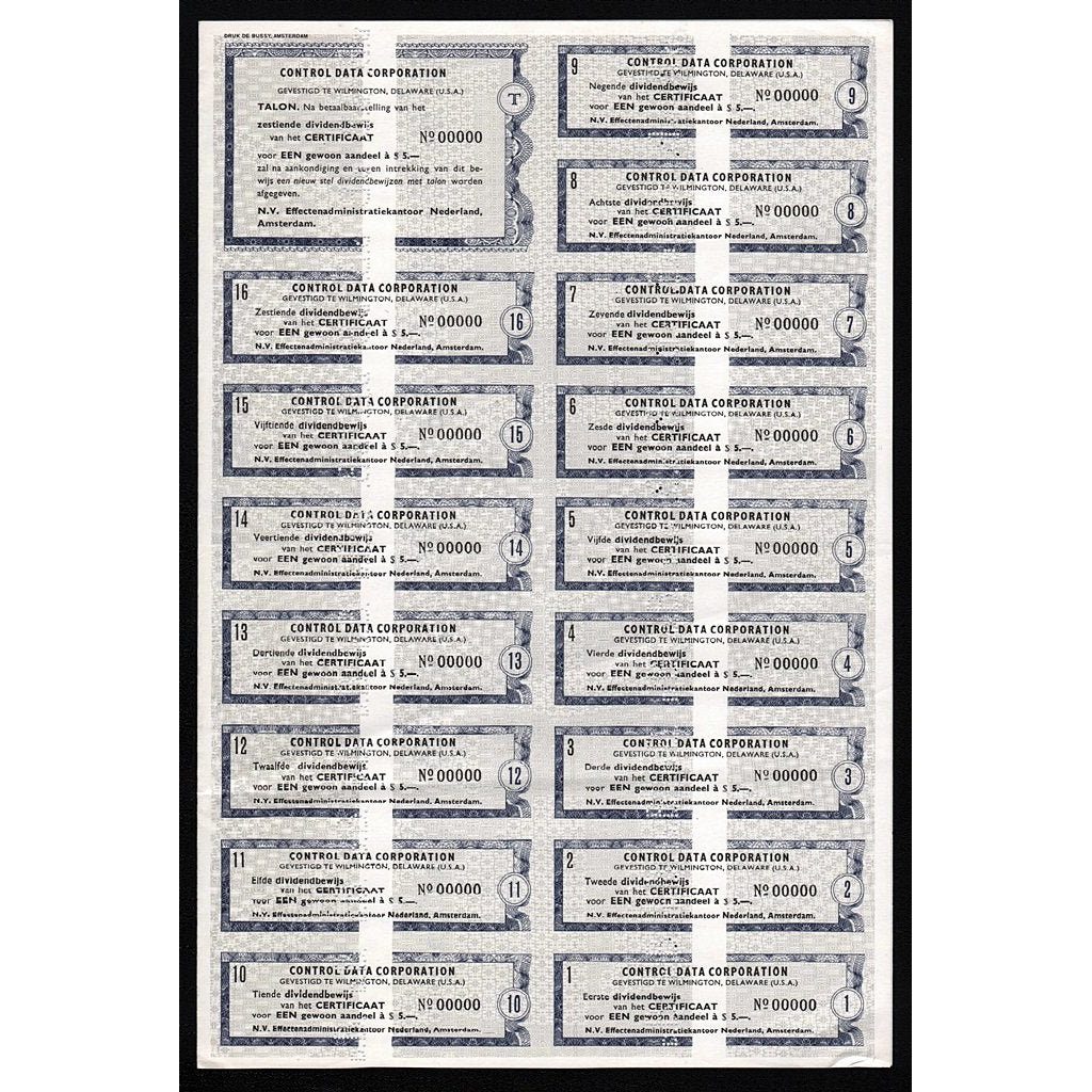 Control Data Corporation Specimen Stock Certificate