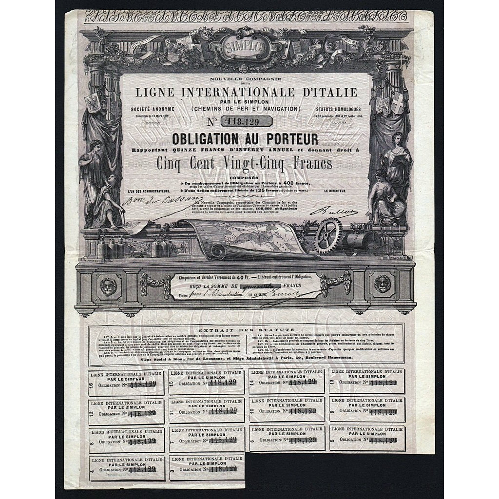 Nouvelle Compagnie de la Ligne d'Italie par le Simplon 1868 Stock Certificate