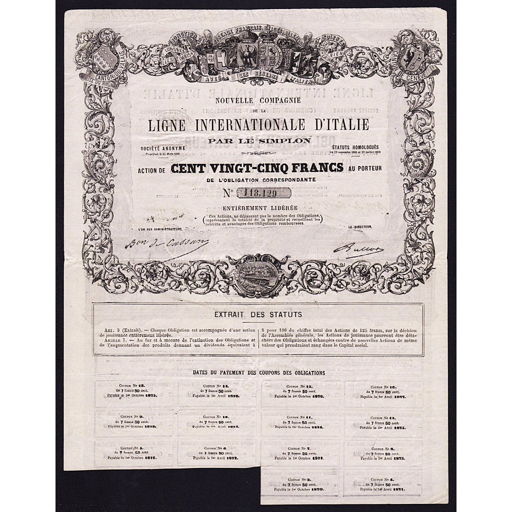 Nouvelle Compagnie de la Ligne d'Italie par le Simplon 1868 Stock Certificate