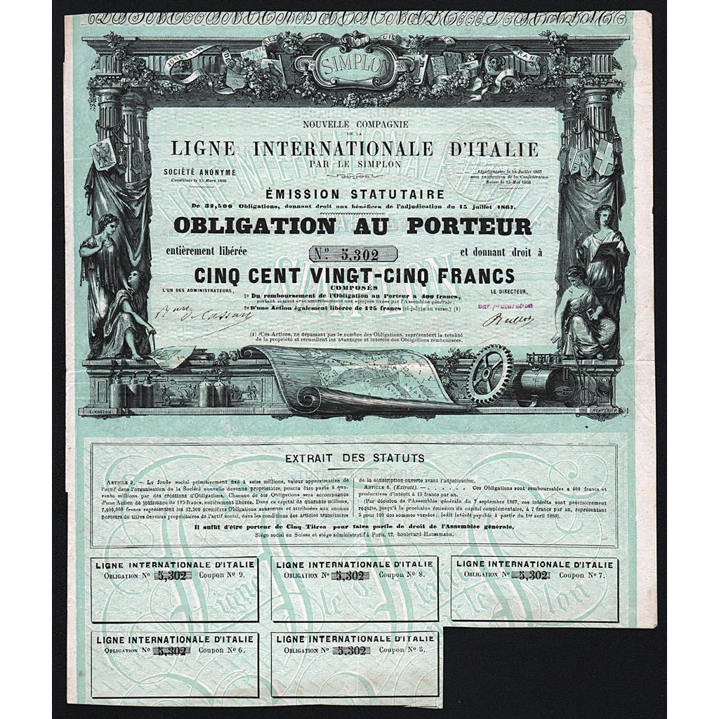 Nouvelle Compagnie de la Ligne Internationale d'Italie par le Simplon 1868 Italy Stock Certificate