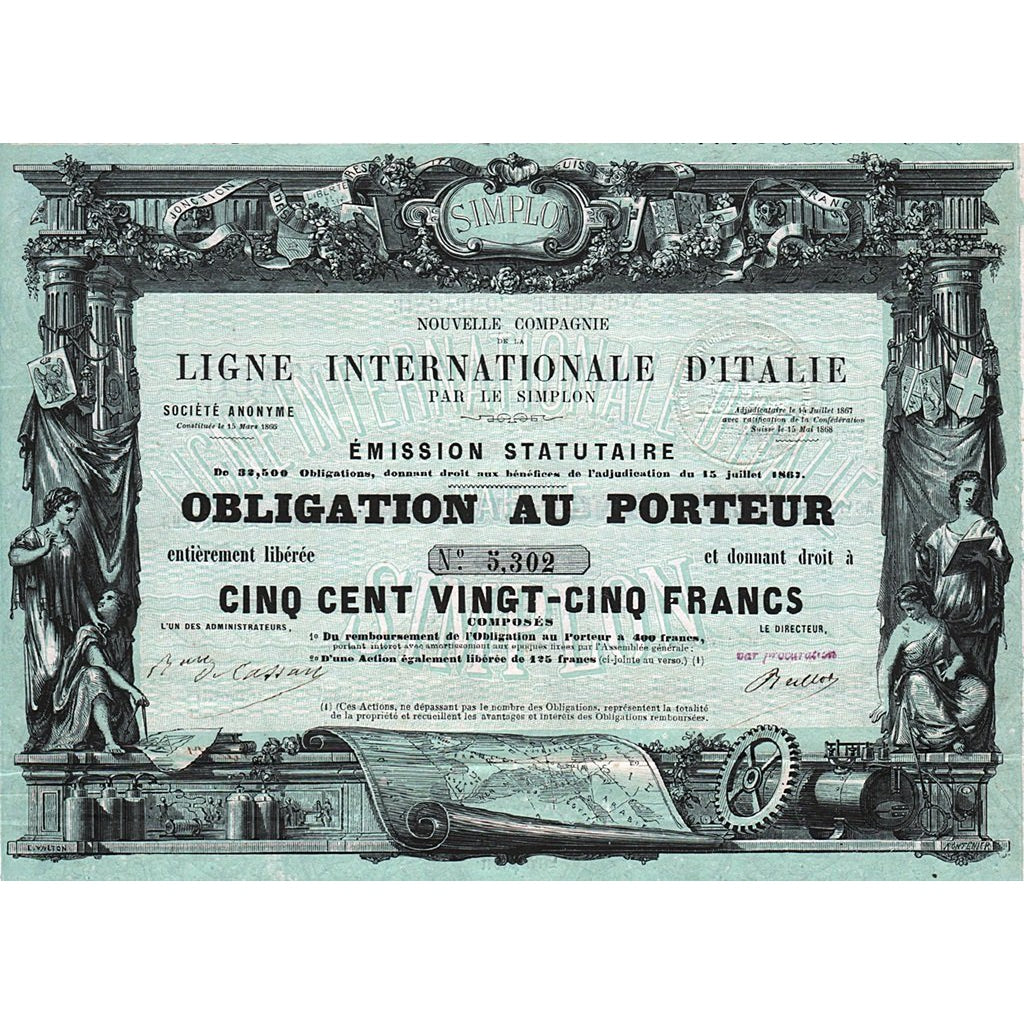 Nouvelle Compagnie de la Ligne Internationale d'Italie par le Simplon 1868 Italy Stock Certificate