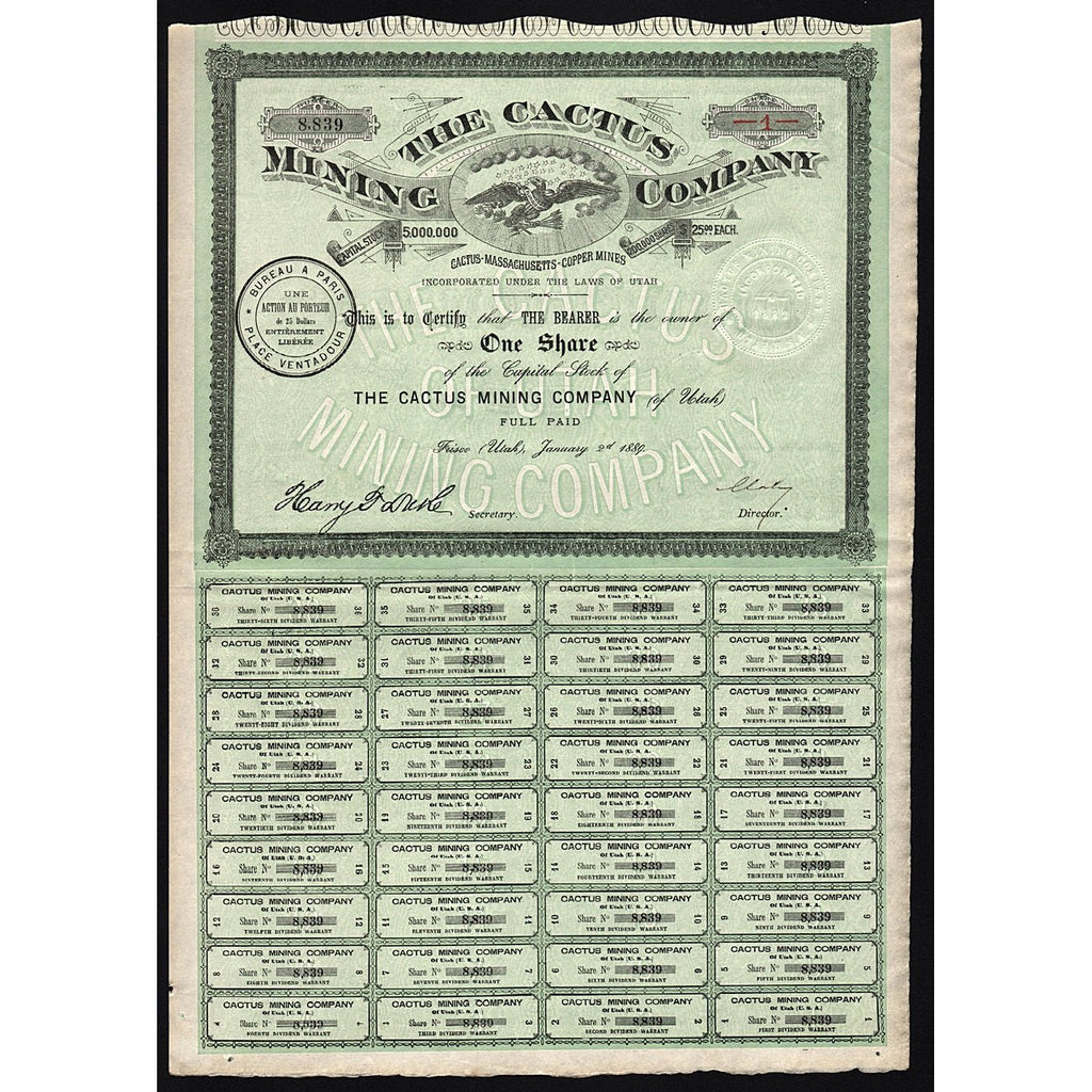 The Cactus Mining Company 1889 Frisco Utah Stock Certificate