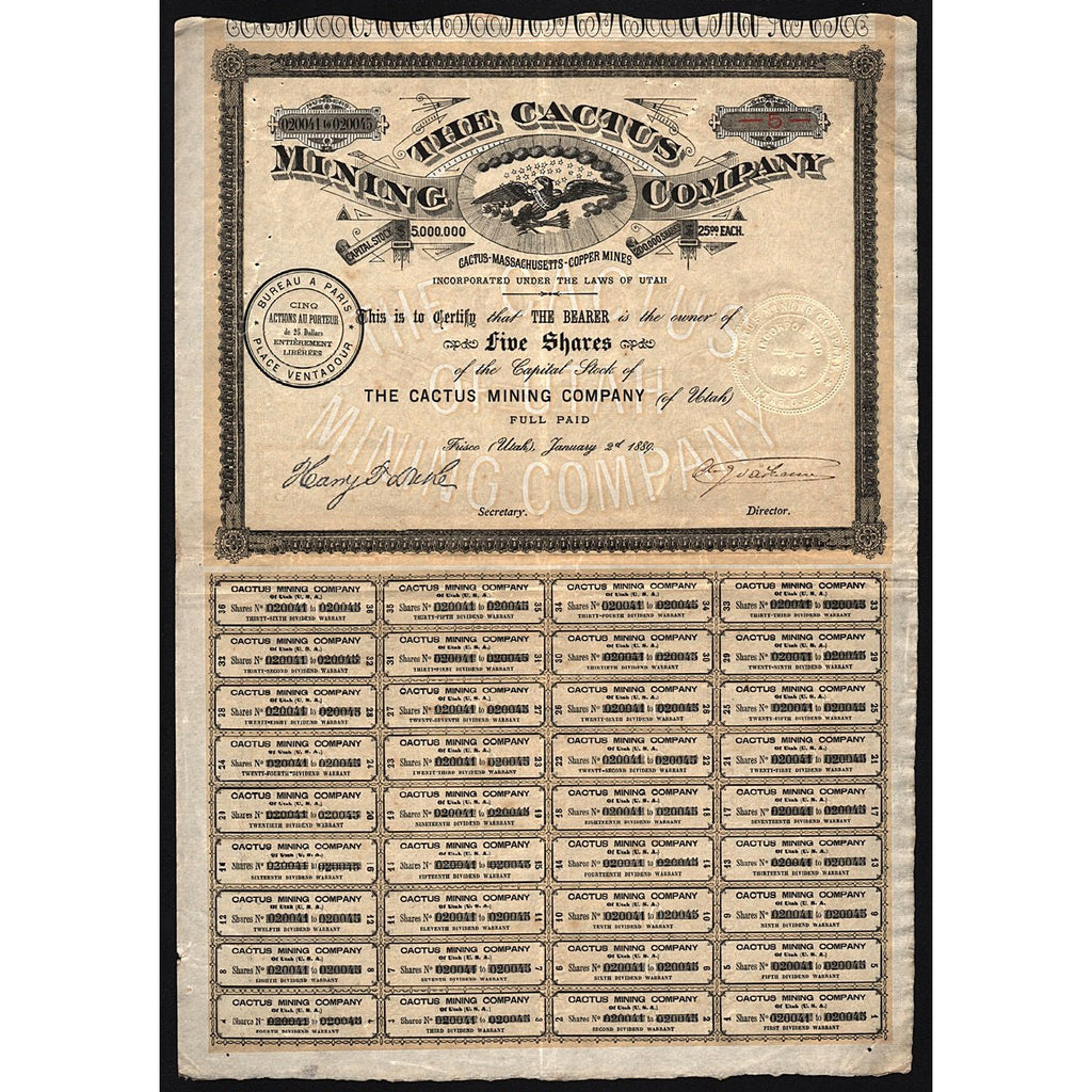 The Cactus Mining Company 1889 Frisco Utah Stock Certificate