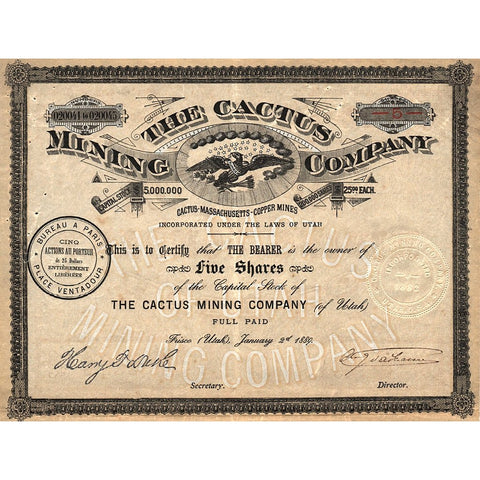 The Cactus Mining Company 1889 Frisco Utah Stock Certificate