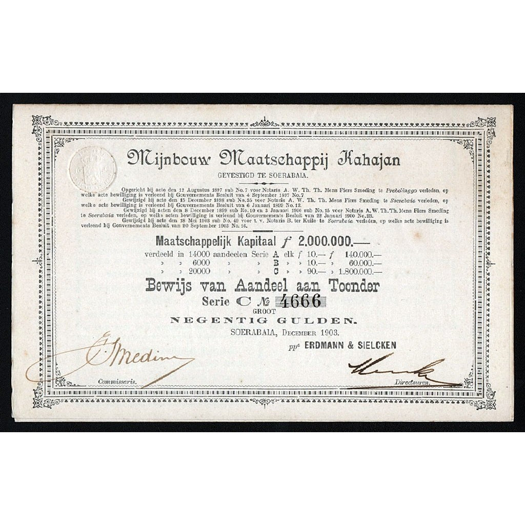 Mijnbouw Maatschappij Kahajan Gevestigd te Soerabaia 1903 Indonesia Dutch Stock Certificate