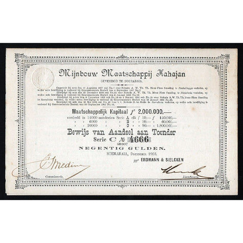 Mijnbouw Maatschappij Kahajan Gevestigd te Soerabaia 1903 Indonesia Dutch Stock Certificate