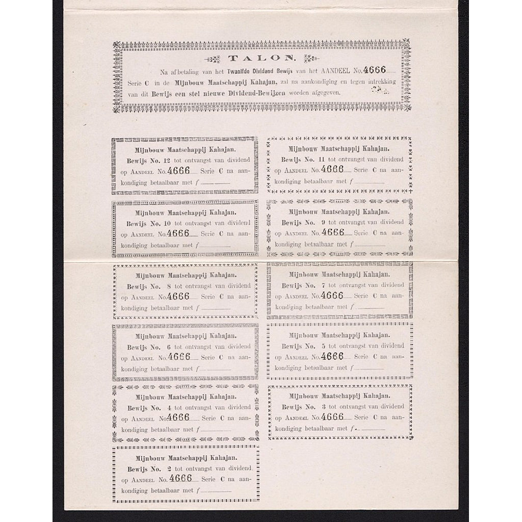 Mijnbouw Maatschappij Kahajan Gevestigd te Soerabaia 1903 Indonesia Dutch Stock Certificate
