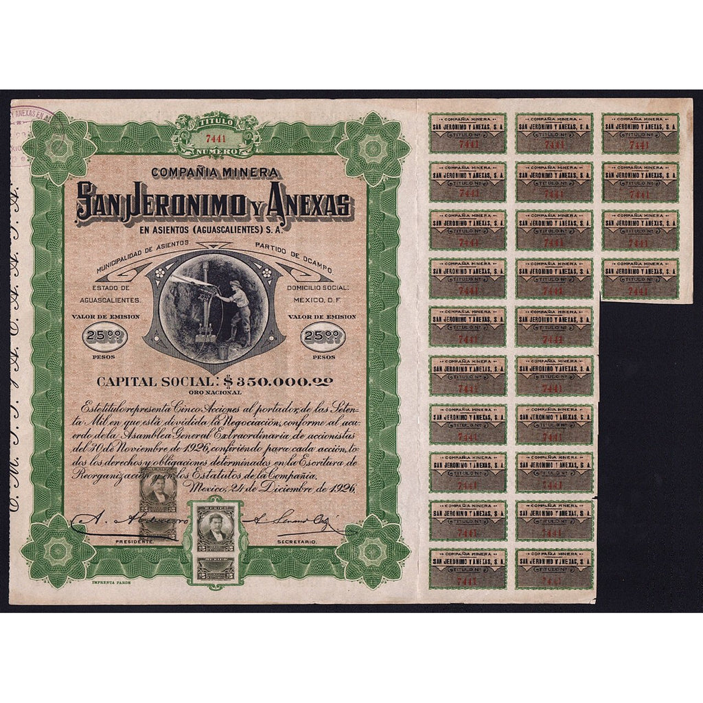 Compania Minera San Jeronimo y Anexas, En Asientos (Aguascalientes) S.A. 1926 Mexico