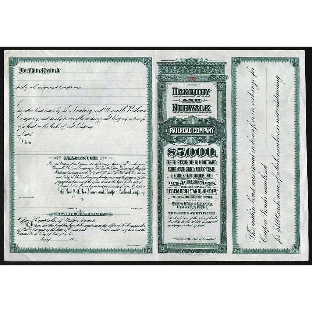 Danbury and Norwalk Railroad Company Gold Bond Certificate