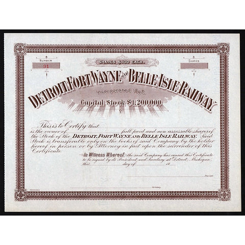 Detroit, Fort Wayne and Belle Isle Railway Michigan Stock Certificate