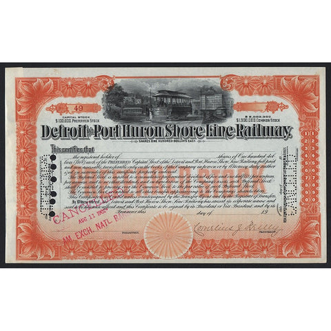 Detroit and Port Huron Shore Line Railway Stock Certificate
