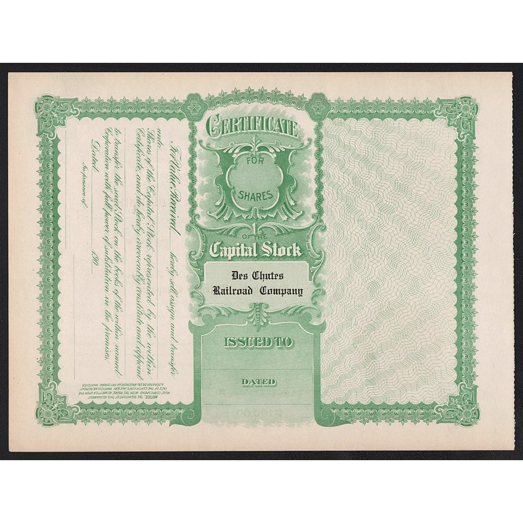 Des Chutes Railroad Company (Portland, Oregon) Stock Certificate