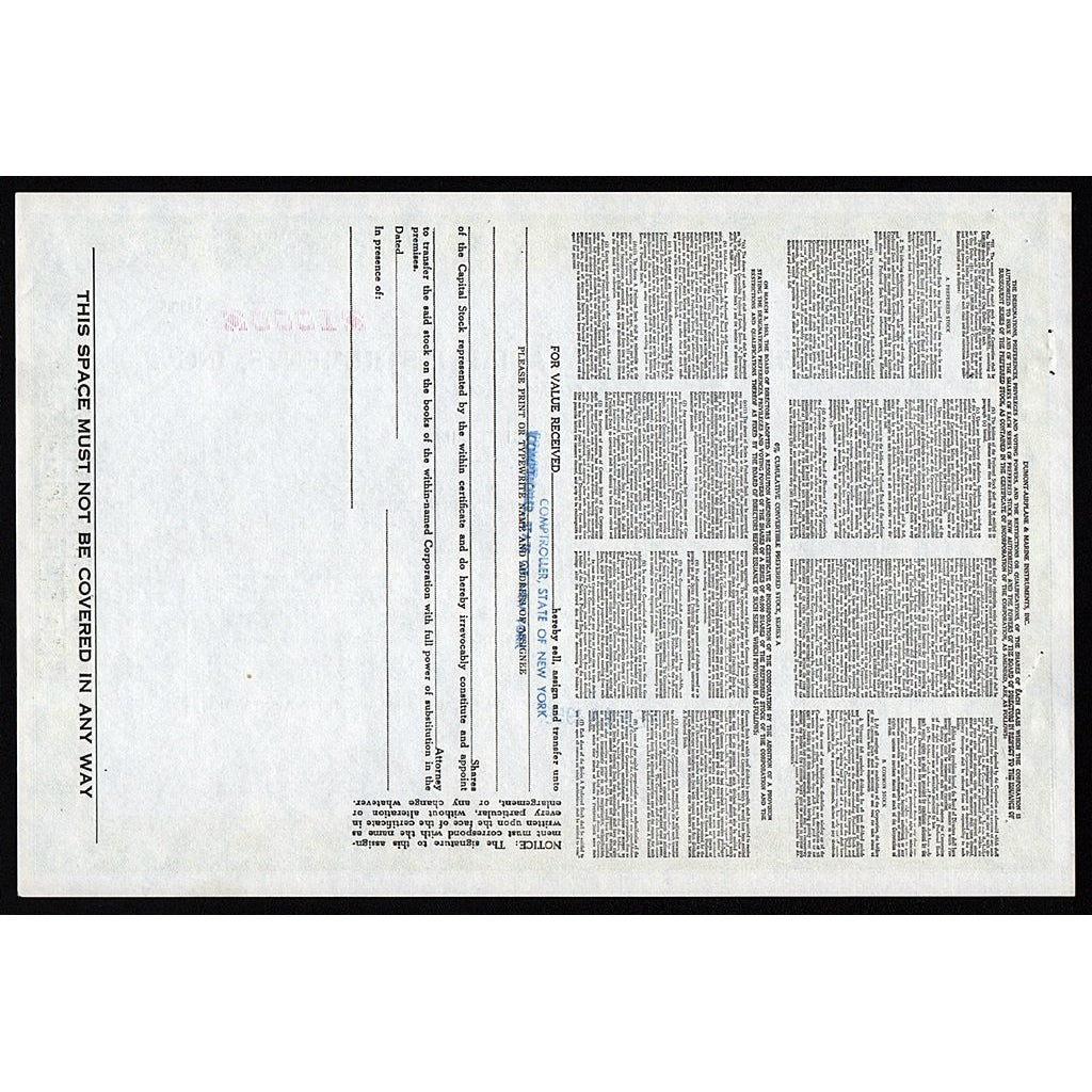 Dumont-Airplane & Marine Instruments, Inc. New York Stock Certificate